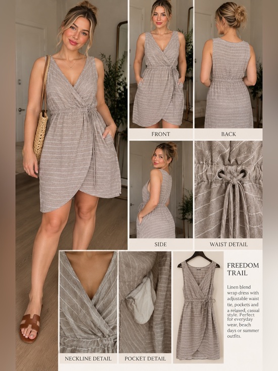 Freedom Trail Dresses & Skirts - Linen-Blend Wrap Dress — Taupe Stripe